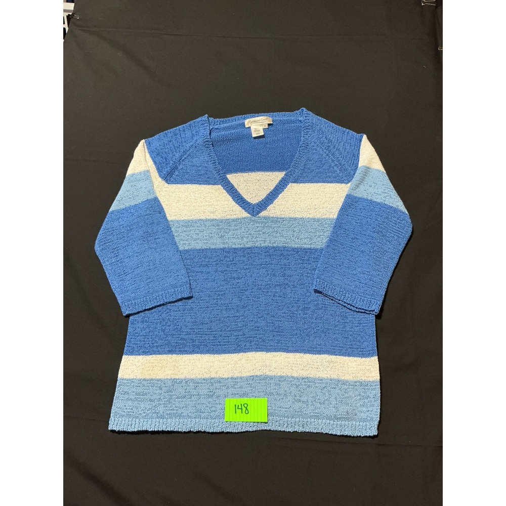 Coldwater Creek Blue White Striped V-Neck 3/4 Sleeve Knit Sweater 1X H08958
